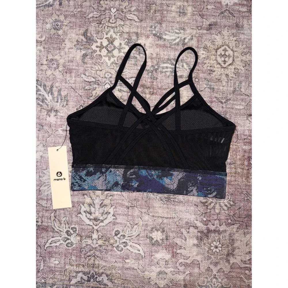 Mono B Blue Purple Abstract Print Strappy Mesh Back Sports Bra AT1672 NWT Small